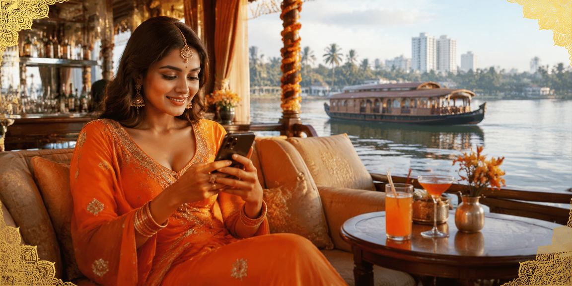 Indian player using mobile payment options near Kerala backwaters